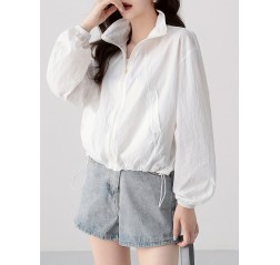 ジップアップ ドローストリング カラー ジャケット、カジュアル 長袖 斜めポケット ジャケット 春秋用、レディース服