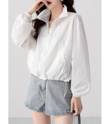 ジップアップ ドローストリング カラー ジャケット、カジュアル 長袖 斜めポケット ジャケット 春秋用、レディース服