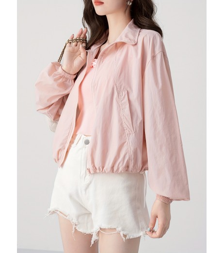 ジップアップ ドローストリング カラー ジャケット、カジュアル 長袖 斜めポケット ジャケット 春秋用、レディース服
