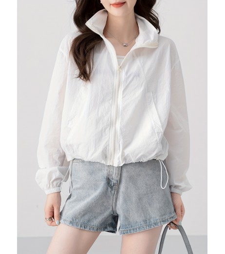 ジップアップ ドローストリング カラー ジャケット、カジュアル 長袖 斜めポケット ジャケット 春秋用、レディース服