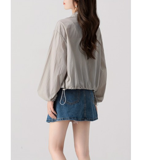 ジップアップ ドローストリング カラー ジャケット、カジュアル 長袖 斜めポケット ジャケット 春秋用、レディース服