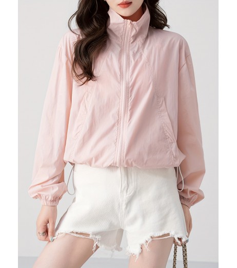 ジップアップ ドローストリング カラー ジャケット、カジュアル 長袖 斜めポケット ジャケット 春秋用、レディース服