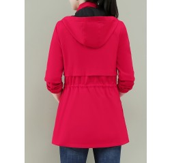 女性用ミドル丈カジュアルトレンチコート、取り外し可能なフード付き、ドローストリングウエストとジッパークロージャー - オリーブグリーンポリエステルジャケット 春/秋用、秋のコート | ジッパーフロントジャケット | 光沢仕上げ