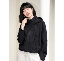 無地ジップアップフーディウィンドブレーカージャケット、カジュアル長袖ドローストリングジャケット、春＆秋用、レディースウェア