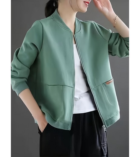 女性用軽量グリーン ジップアップ ベースボールジャケット - カジュアルなゆったりフィット、ポケット付き、春/秋向け長袖フーディー、ポリエステルニット生地