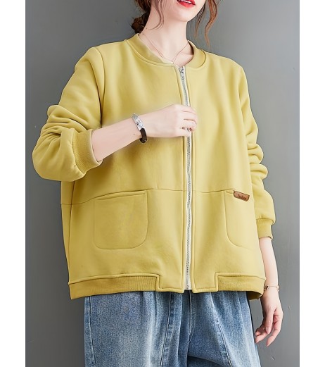 女性用軽量グリーン ジップアップ ベースボールジャケット - カジュアルなゆったりフィット、ポケット付き、春/秋向け長袖フーディー、ポリエステルニット生地