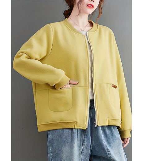 女性用軽量グリーン ジップアップ ベースボールジャケット - カジュアルなゆったりフィット、ポケット付き、春/秋向け長袖フーディー、ポリエステルニット生地