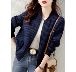 エレガントなネイビーブルーの女性用ボンバージャケット - シックな春/秋コレクション、長袖、ジップアップ、スタンドカラー、ポリエステル、洗濯機可、小柄な体型のためのハイエンドファッション