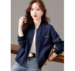 エレガントなネイビーブルーの女性用ボンバージャケット - シックな春/秋コレクション、長袖、ジップアップ、スタンドカラー、ポリエステル、洗濯機可、小柄な体型のためのハイエンドファッション