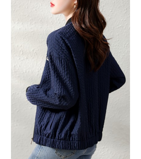 エレガントなネイビーブルーの女性用ボンバージャケット - シックな春/秋コレクション、長袖、ジップアップ、スタンドカラー、ポリエステル、洗濯機可、小柄な体型のためのハイエンドファッション