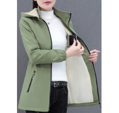 1pc レディース カジュアル ミドル丈 フード付き ジャケット、無地 ポリエステル、長袖、非防水、レギュラーフィット、ジッパー開閉、織物、週末の普段着に - 冬 