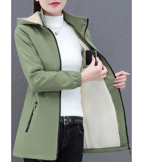 1pc レディース カジュアル ミドル丈 フード付き ジャケット、無地 ポリエステル、長袖、非防水、レギュラーフィット、ジッパー開閉、織物、週末の普段着に - 冬 