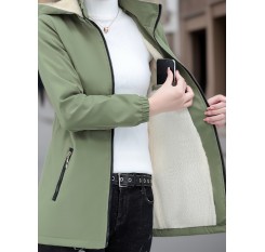 1pc レディース カジュアル ミドル丈 フード付き ジャケット、無地 ポリエステル、長袖、非防水、レギュラーフィット、ジッパー開閉、織物、週末の普段着に - 冬 