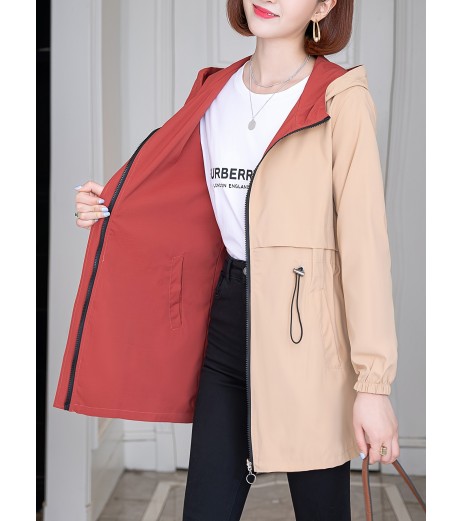 女性用カジュアルフード付きウィンドブレーカー、黒、赤のアクセント、ポリエステル