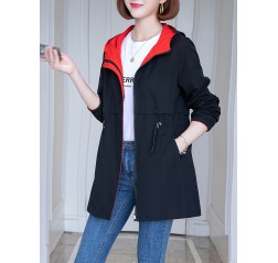 女性用カジュアルフード付きウィンドブレーカー、黒、赤のアクセント、ポリエステル