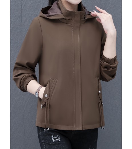 女性用カジュアルシックフード付きジャケット - ポケット付きの多用途な無地ジップアップ、長袖、春と秋に最適なポリエステル混紡、カジュアルウェア|スリークジャケット|ポリエステル混紡
