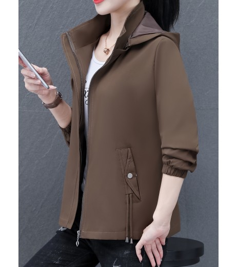 女性用カジュアルシックフード付きジャケット - ポケット付きの多用途な無地ジップアップ、長袖、春と秋に最適なポリエステル混紡、カジュアルウェア|スリークジャケット|ポリエステル混紡