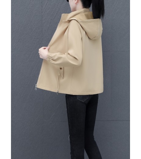 女性用カジュアルシックフード付きジャケット - ポケット付きの多用途な無地ジップアップ、長袖、春と秋に最適なポリエステル混紡、カジュアルウェア|スリークジャケット|ポリエステル混紡