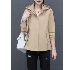 女性用カジュアルシックフード付きジャケット - ポケット付きの多用途な無地ジップアップ、長袖、春と秋に最適なポリエステル混紡、カジュアルウェア|スリークジャケット|ポリエステル混紡