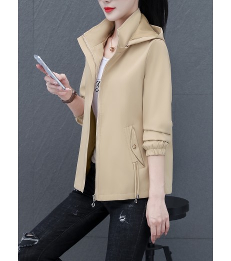 女性用カジュアルシックフード付きジャケット - ポケット付きの多用途な無地ジップアップ、長袖、春と秋に最適なポリエステル混紡、カジュアルウェア|スリークジャケット|ポリエステル混紡