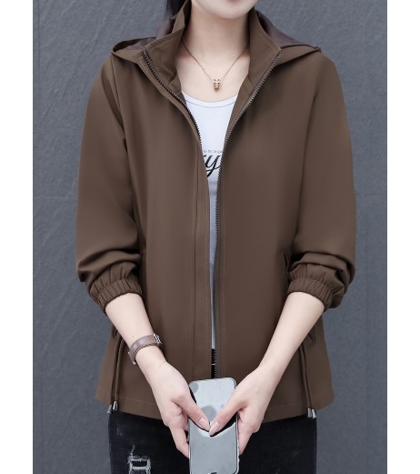 女性用カジュアルシックフード付きジャケット - ポケット付きの多用途な無地ジップアップ、長袖、春と秋に最適なポリエステル混紡、カジュアルウェア|スリークジャケット|ポリエステル混紡