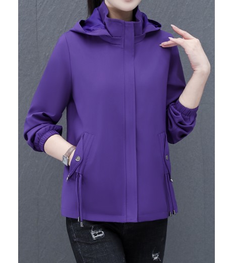 女性用カジュアルシックフード付きジャケット - ポケット付きの多用途な無地ジップアップ、長袖、春と秋に最適なポリエステル混紡、カジュアルウェア|スリークジャケット|ポリエステル混紡